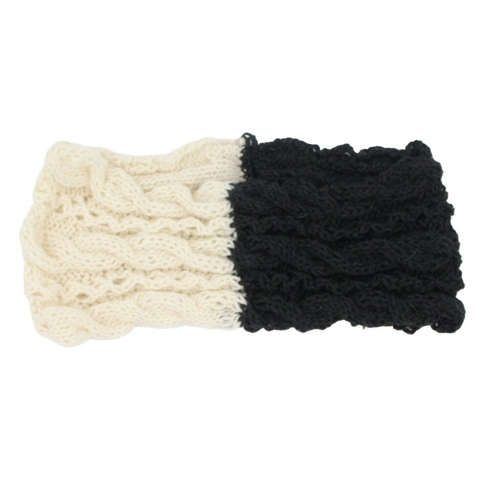 Handmade Hand Knit Cashmere Alpaca Blend White & Black Cables & Lace Ear Warmer